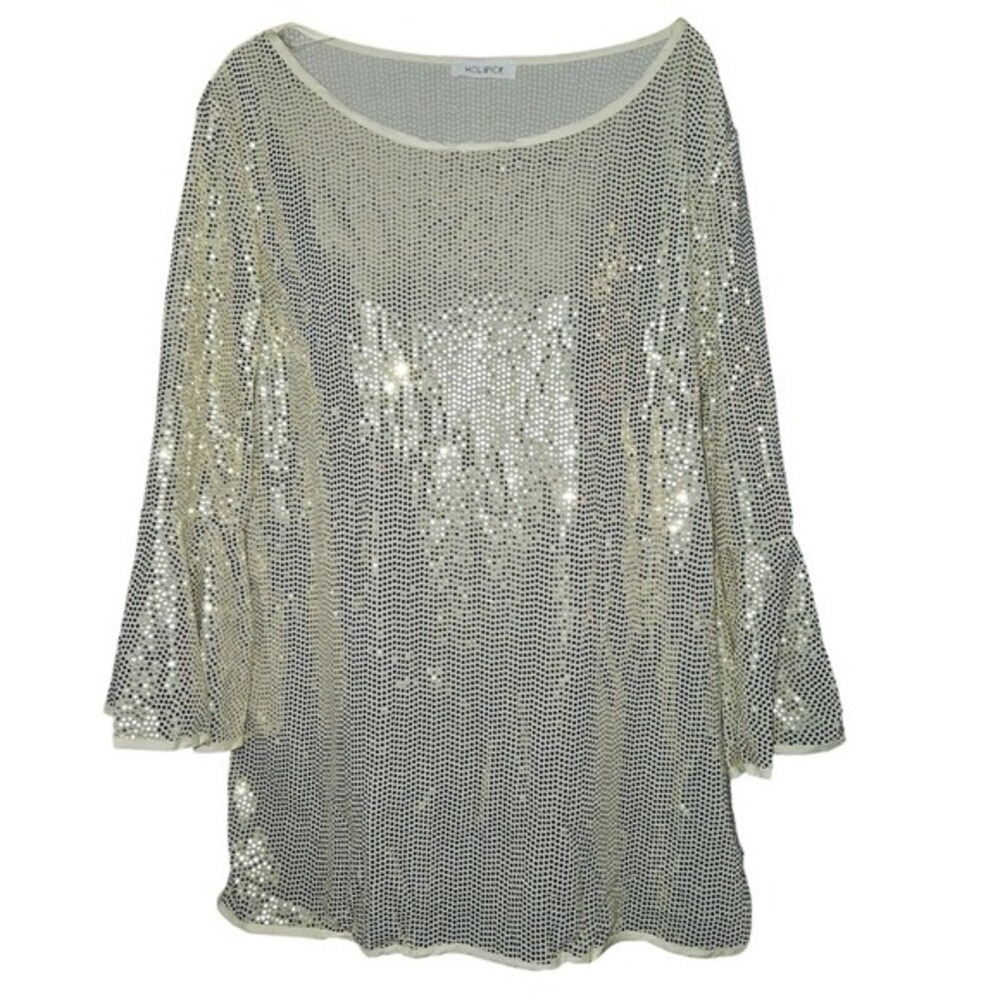 New Holipick Womens Large Gold Shimmery Sequin Bell Sleeve Party‎ Top New Year's